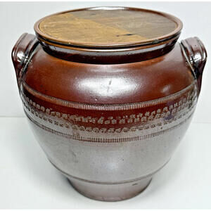 Antique 9" Stoneware Salt Glazed Brown Crock Handmade Wooden Lid Handles 1800?